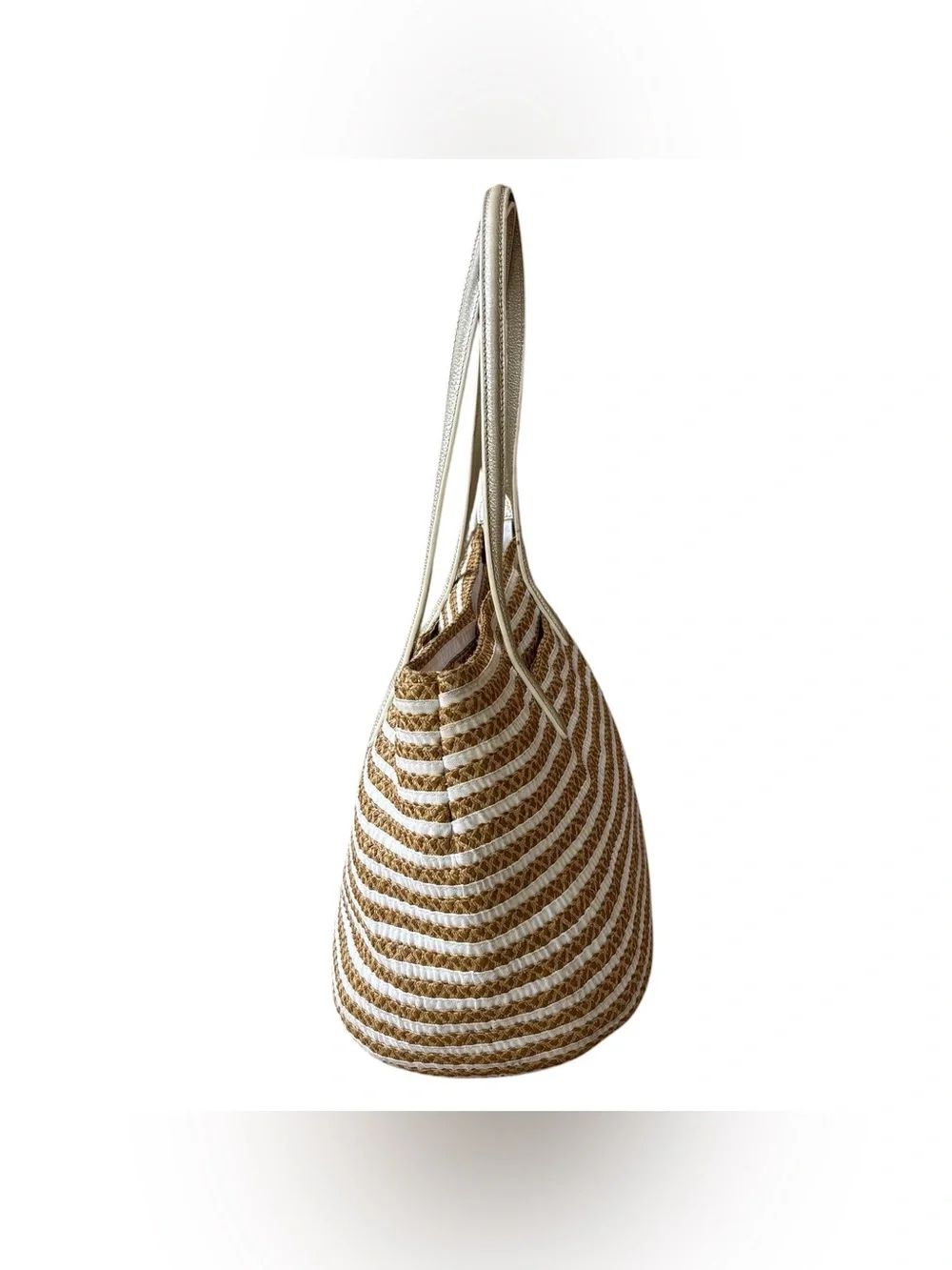 ERIC JAVITS Isla “Squishee” Straw & White Grosgrain Tote w/ Gold Leather Straps